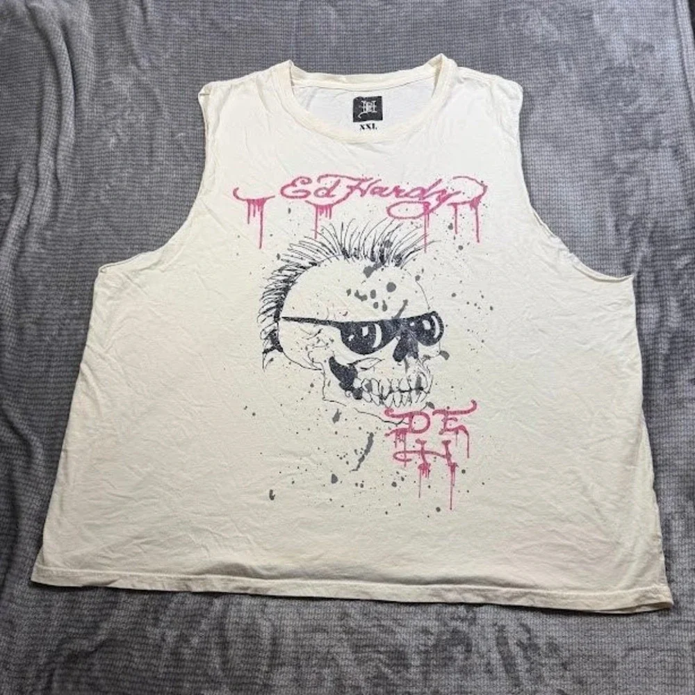 Ed Hardy Mens XXL Punks Not Dead Skull Mohawk Muscle Tank Top EHBAO1000-2 Cream